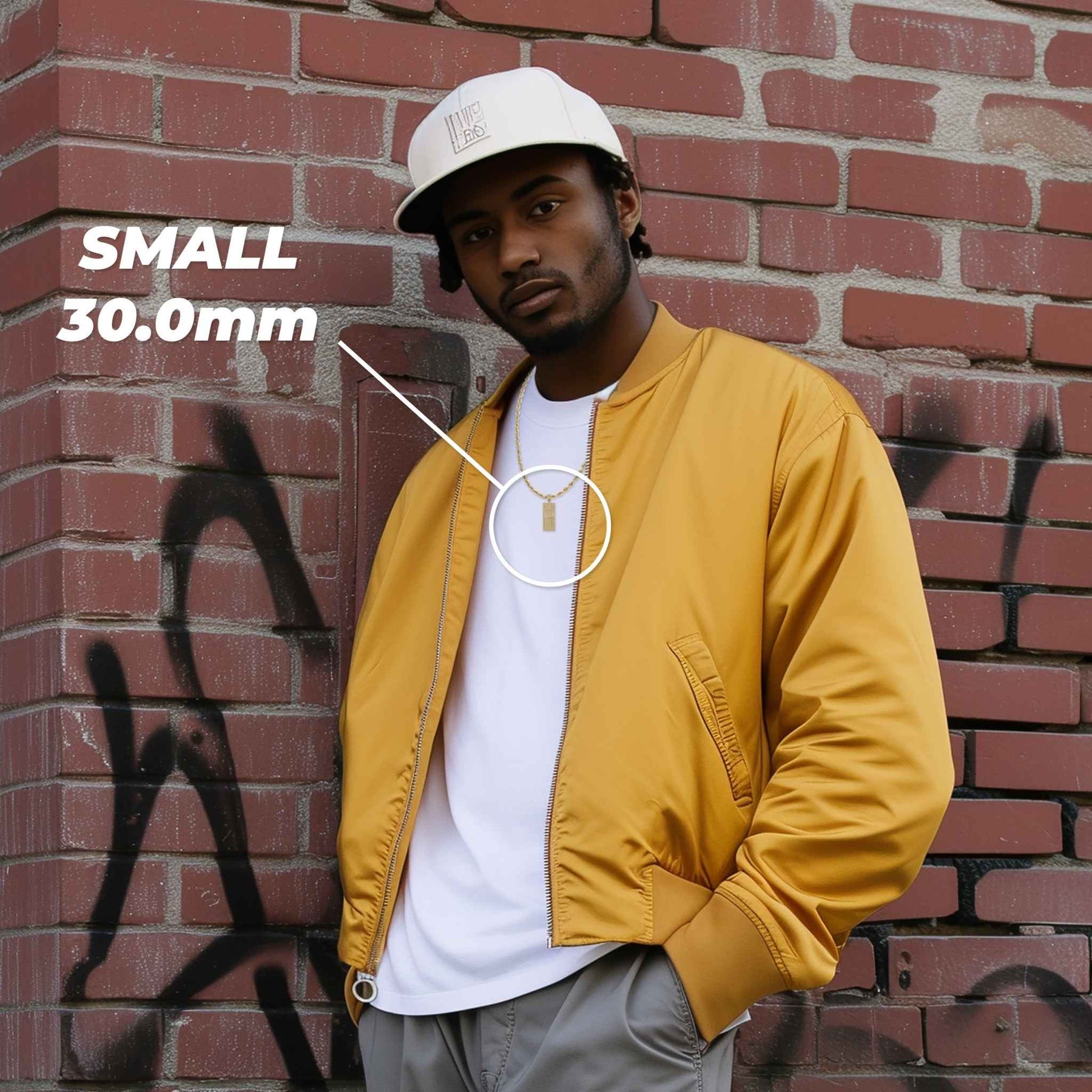 Model showcasing the Small 10k & 14k Gold Benjamin Hundred Dollar Bill Pendant with size overlay.
