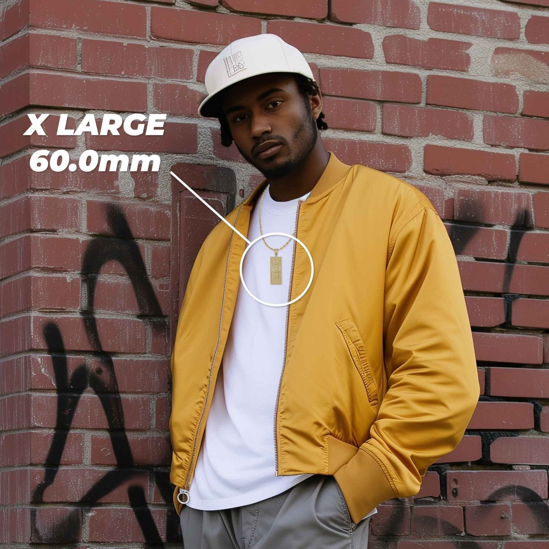 Model showcasing the X Large 10k & 14k Gold Benjamin Hundred Dollar Bill Pendant with a 60.0mm size label overlay.