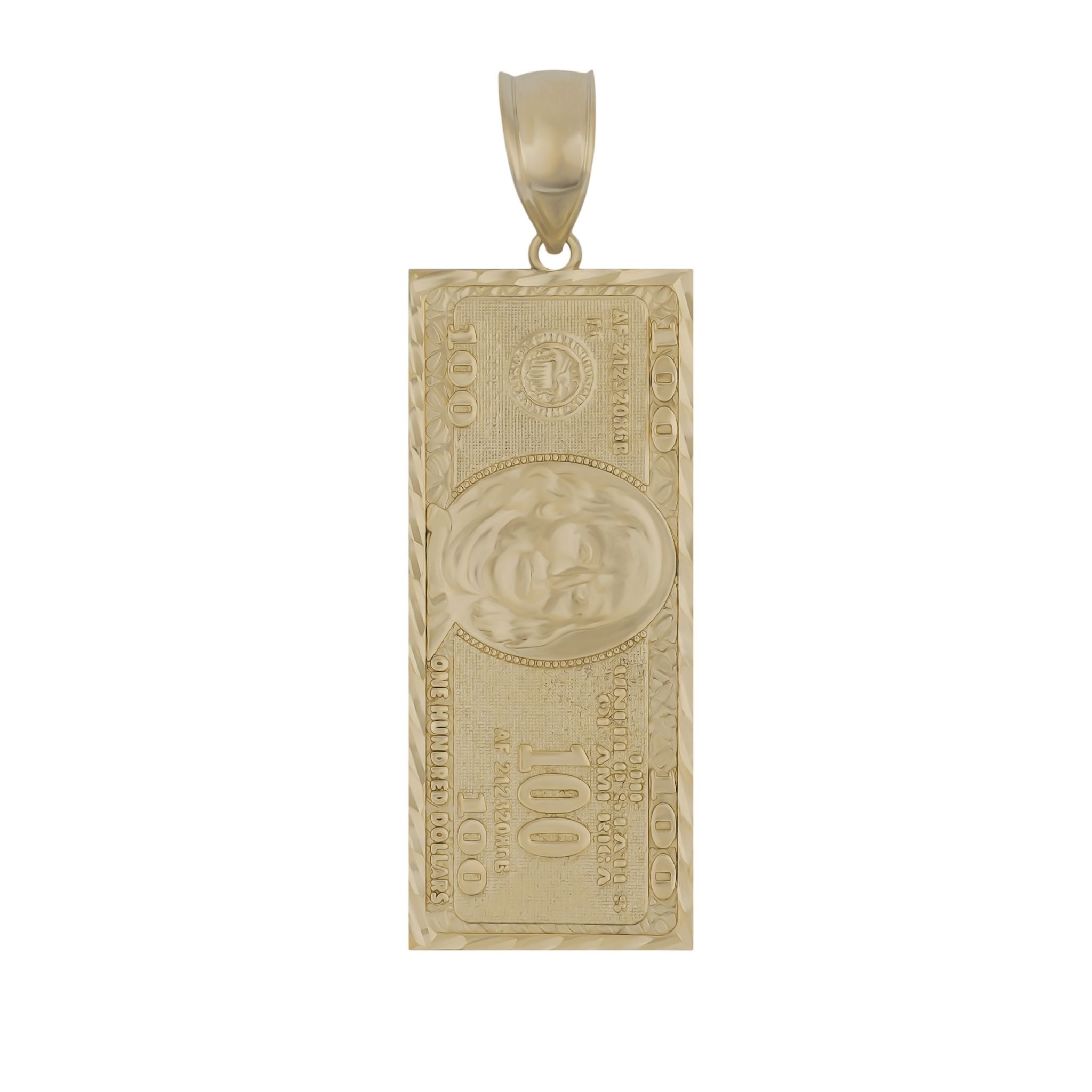 A rectangular gold pendant shaped like a one-hundred-dollar bill with detailed embossing and a bail.