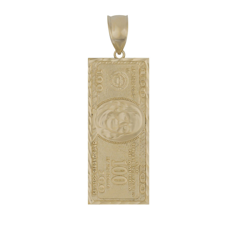 A rectangular gold pendant shaped like a one-hundred-dollar bill with detailed embossing and a bail.