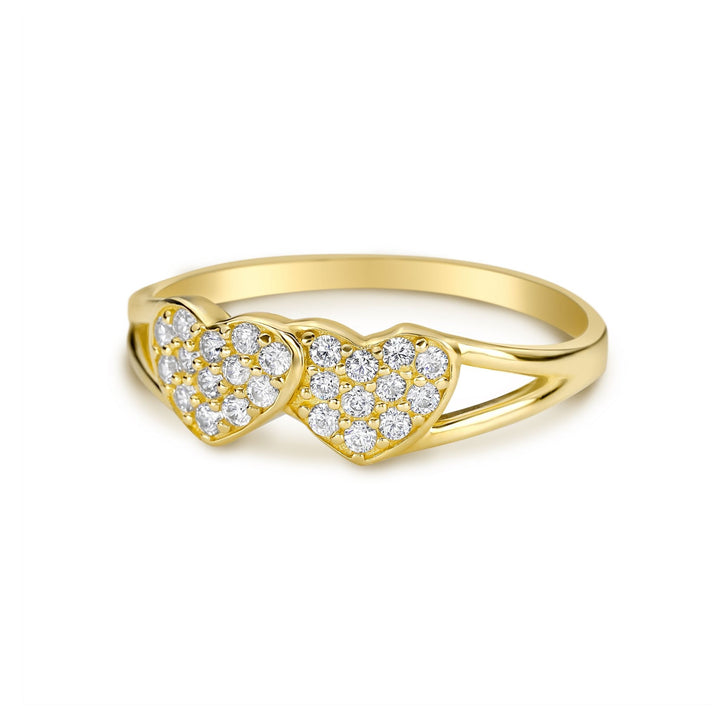 Polished yellow gold band with a split-shoulder design leading to two pave-set gemstone hearts.