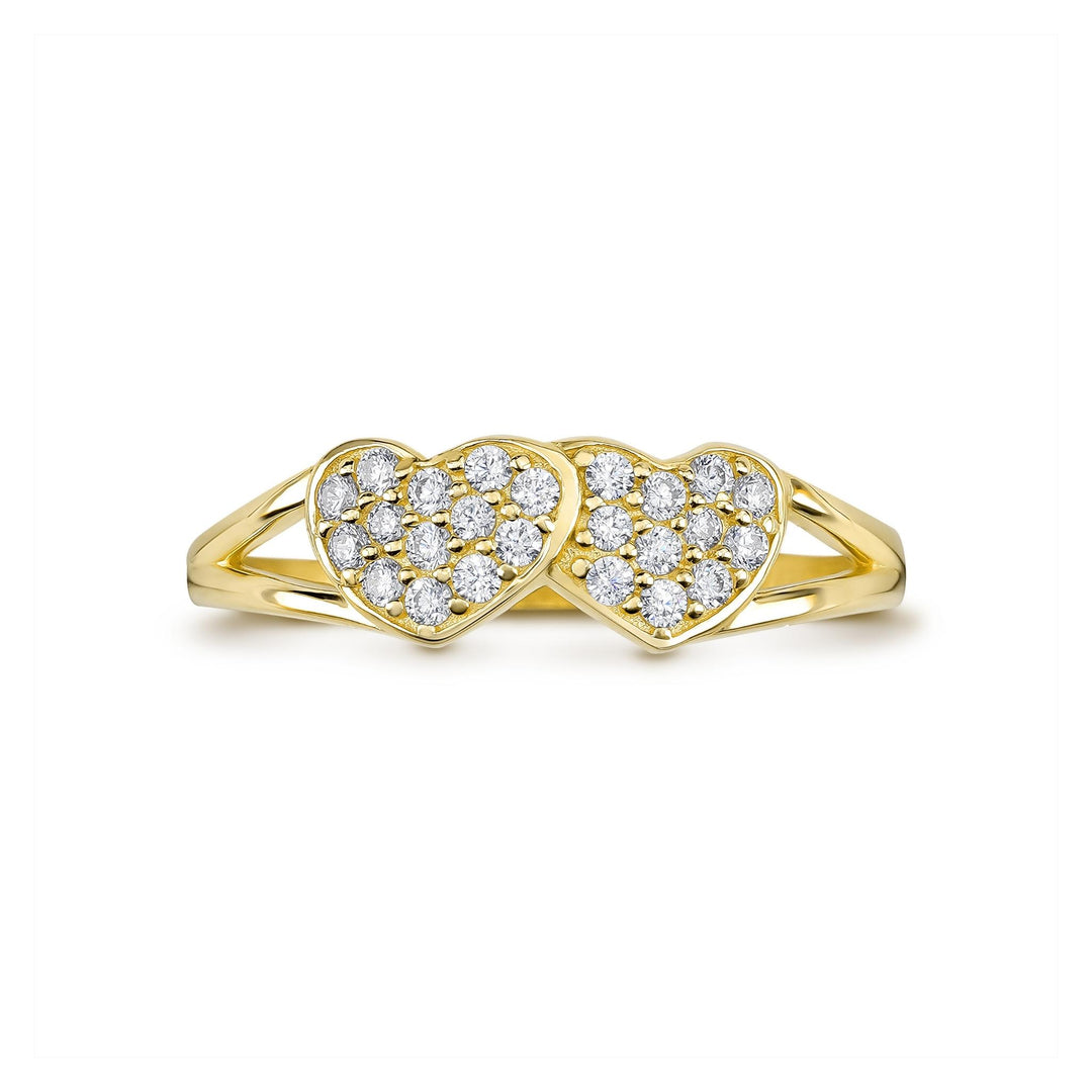 Two overlapping gold hearts filled with small round white cubic zirconia stones.