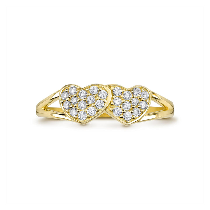 Two overlapping gold hearts filled with small round white cubic zirconia stones.