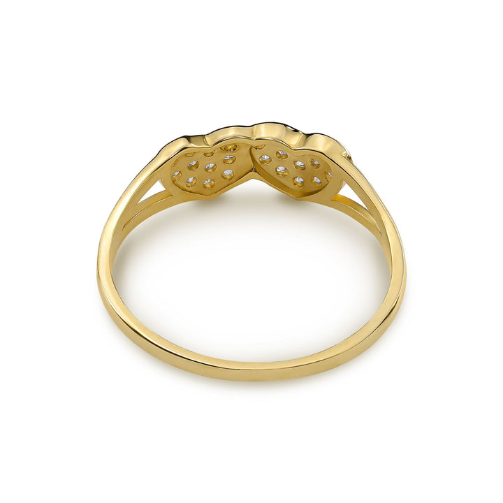 Back view of a gold dual heart ring showcasing the inner lattice and split-shoulder band