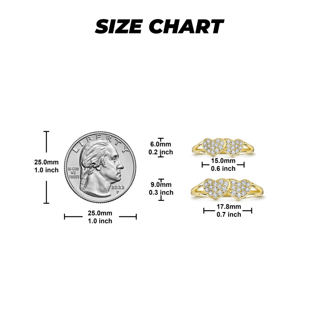 Dimension guide for small and medium heart rings relative to a standard quarter.