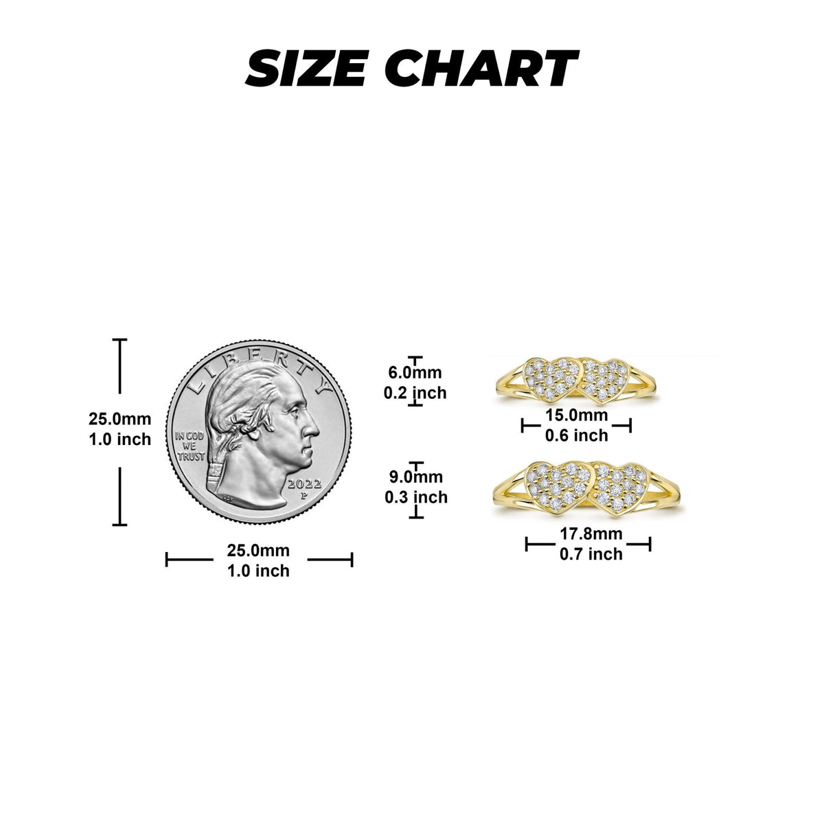 Dimension guide for small and medium heart rings relative to a standard quarter.