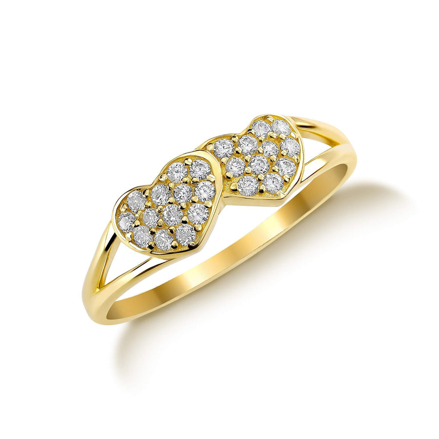 Gold ring featuring two connected hearts paved with sparkling white cubic zirconia stones.