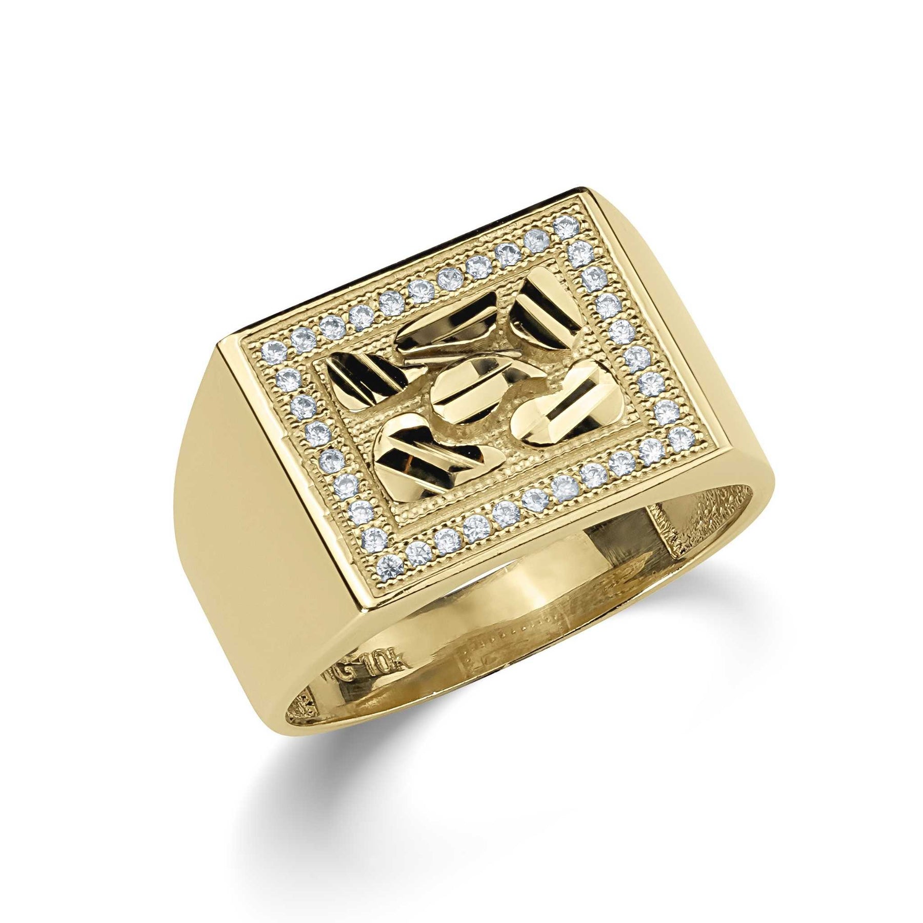 Close-up of a men's yellow gold rectangle nugget ring accented with shimmering stones.