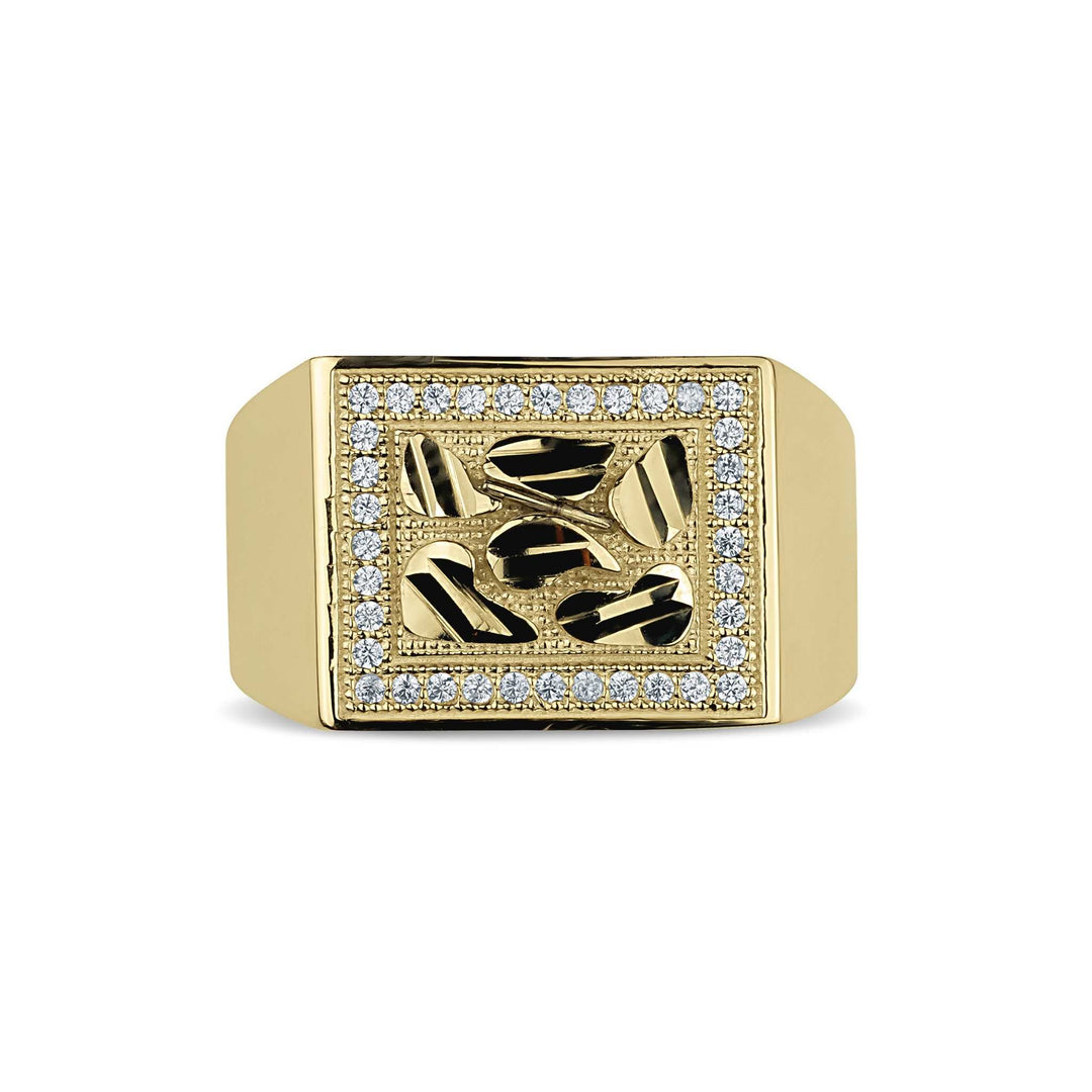 Gold rectangle nugget ring with a gemstone border featuring a textured leaf pattern