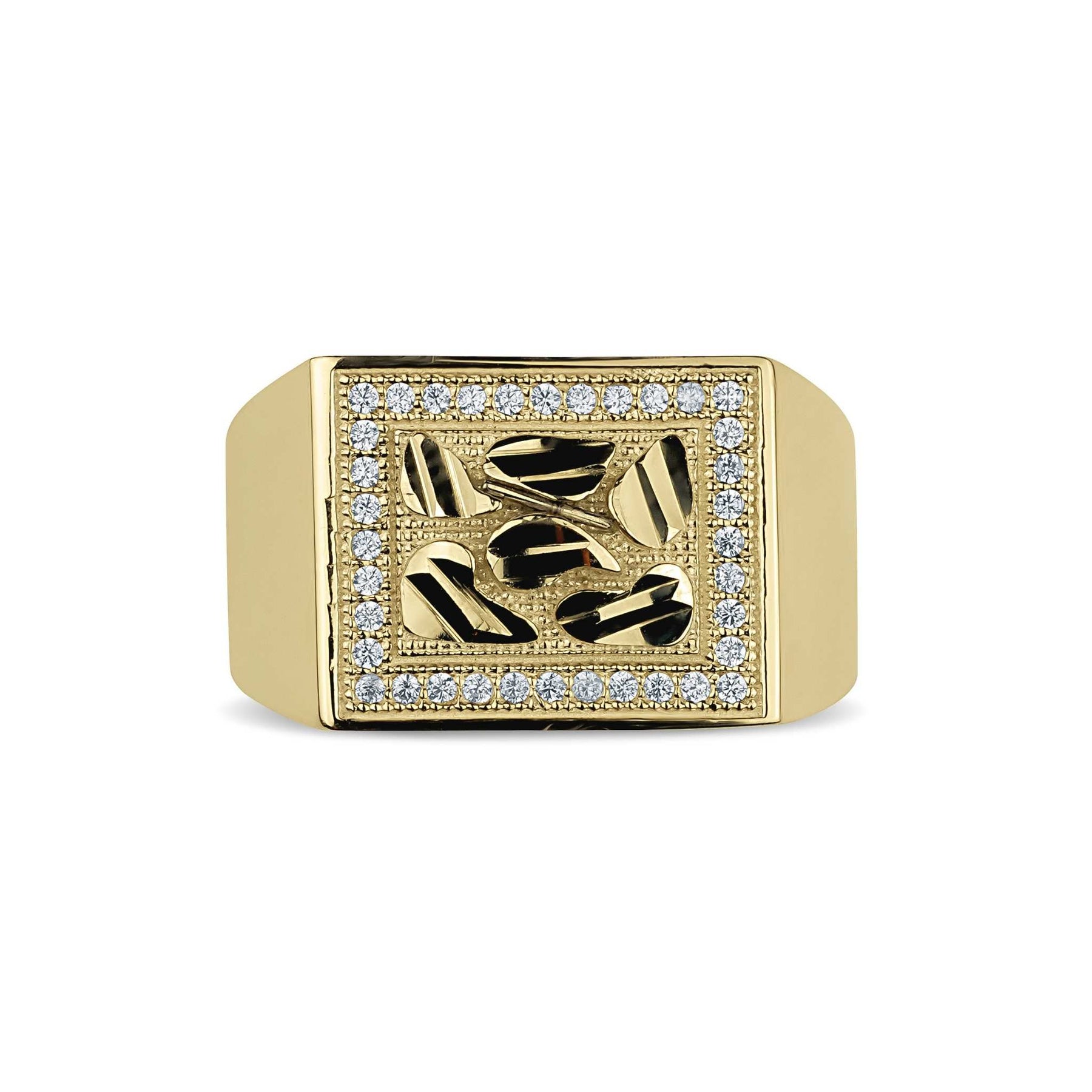 Gold rectangle nugget ring with a gemstone border featuring a textured leaf pattern
