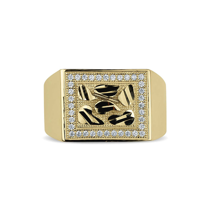 Gold rectangle nugget ring with a gemstone border featuring a textured leaf pattern