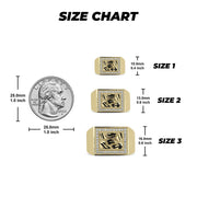 Jewelry size guide displaying 10mm, 13mm, and 16mm gold nugget rings next to a quarter.