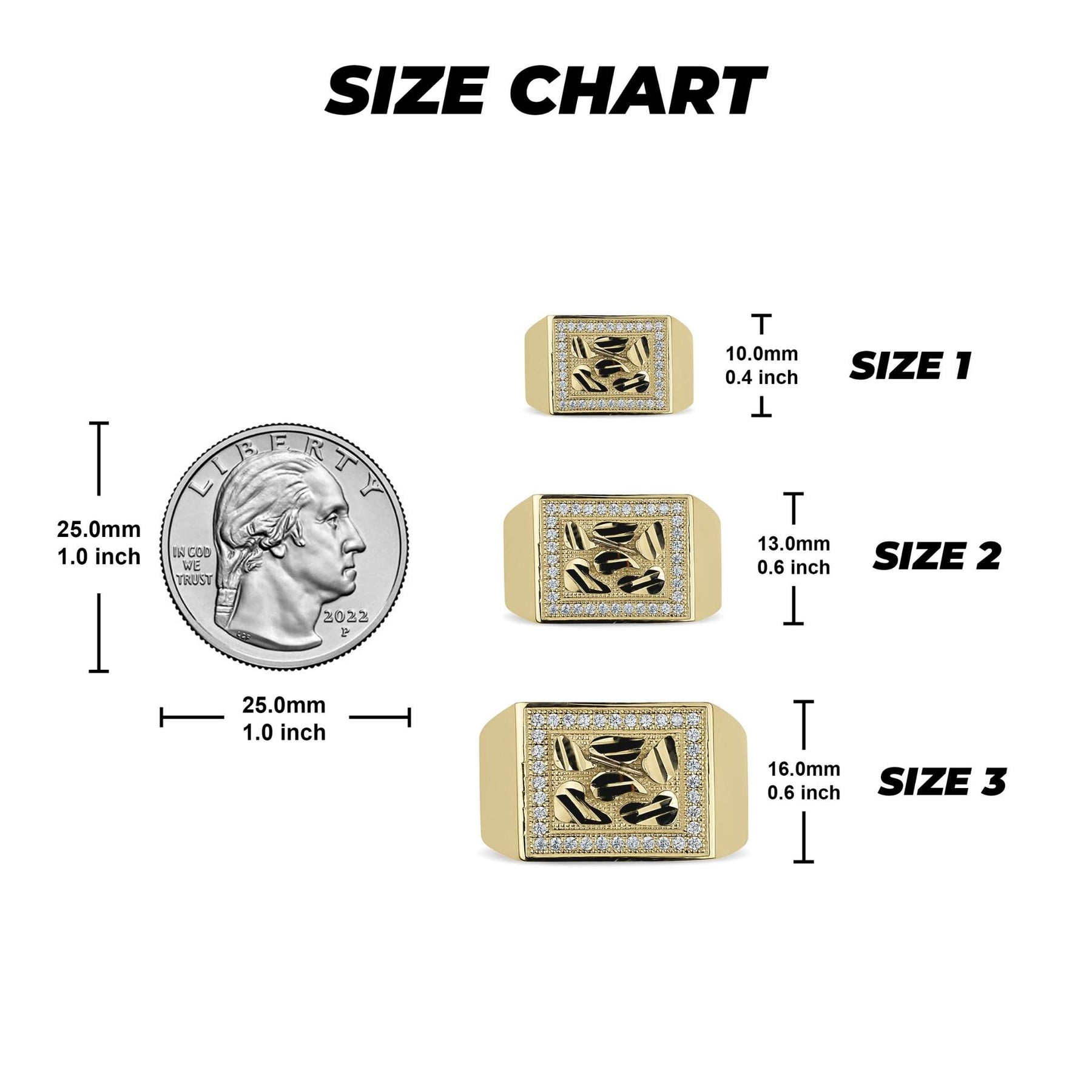 Jewelry size guide displaying 10mm, 13mm, and 16mm gold nugget rings next to a quarter.