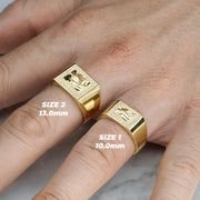 Two gold rectangle nugget rings with size labels worn on a hand.