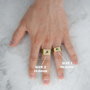 Size comparison of men's 10k gold bling rectangle nugget rings on fingers.