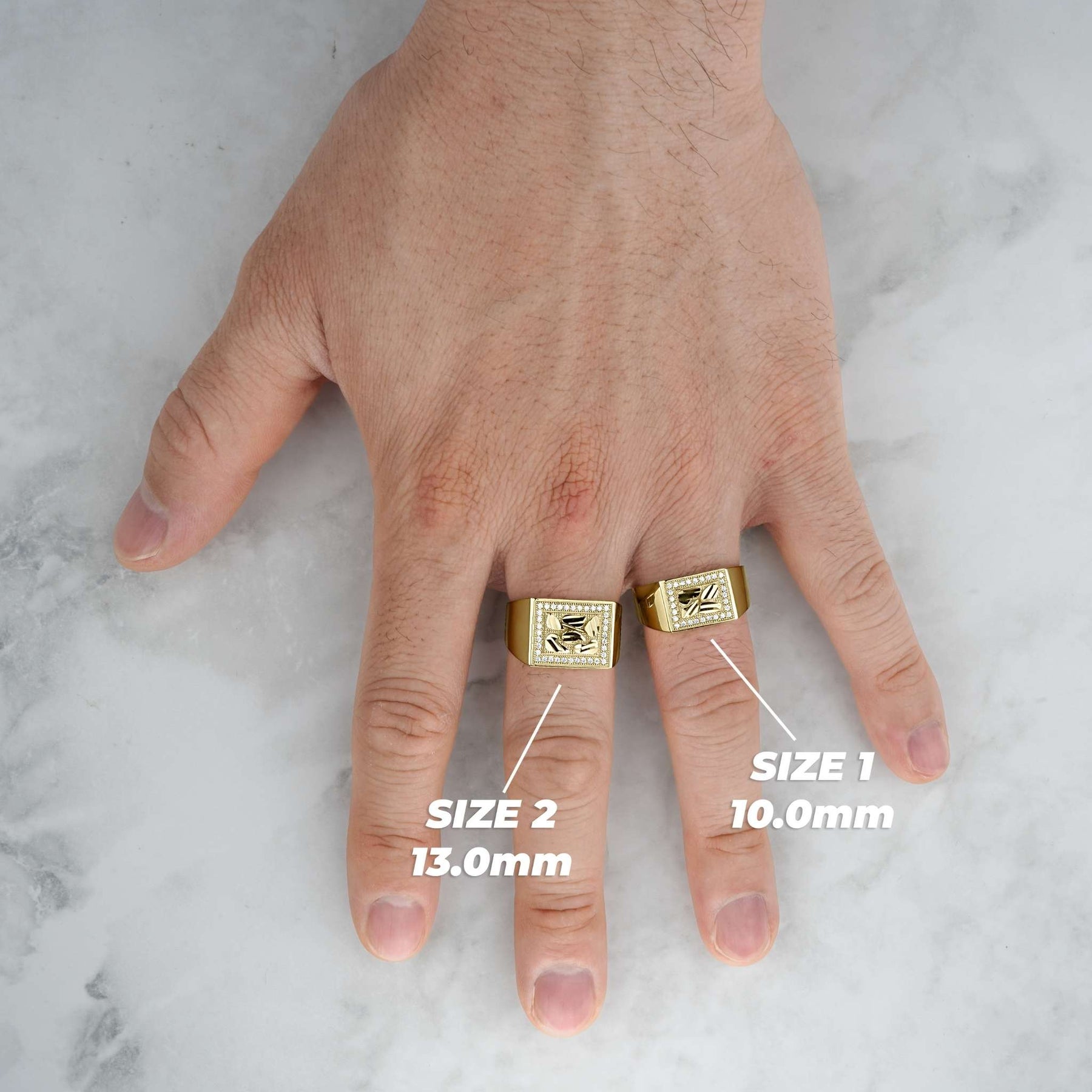 Size comparison of men's 10k gold bling rectangle nugget rings on fingers.
