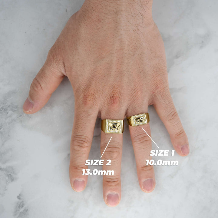 Size comparison of men's 10k gold bling rectangle nugget rings on fingers.