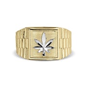 10k or 14k gold cannabis leaf Rollie ring combining streetwear design with luxury.