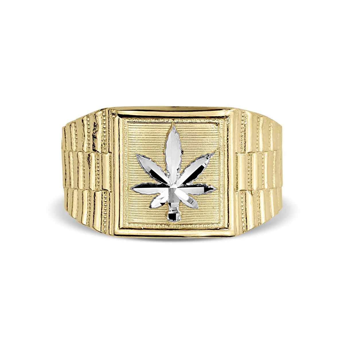 10k or 14k gold cannabis leaf Rollie ring combining streetwear design with luxury.