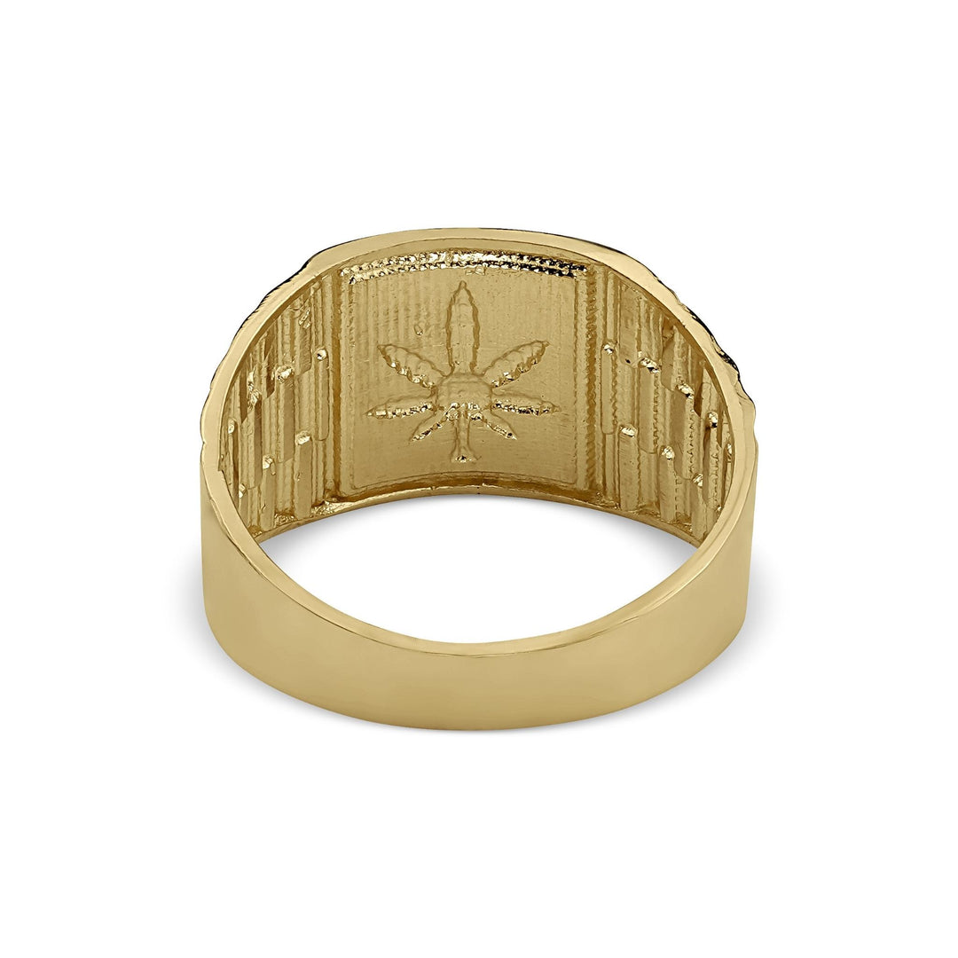 Inner detail of the 10k or 14k gold cannabis leaf Rollie ring's textured back.