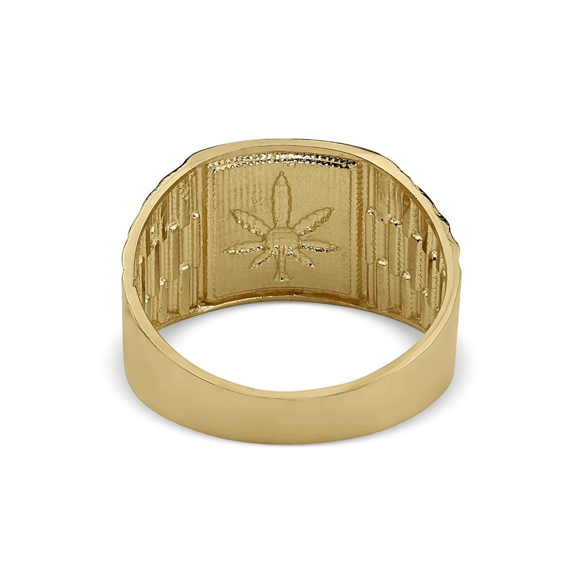 Inner detail of the 10k or 14k gold cannabis leaf Rollie ring's textured back.