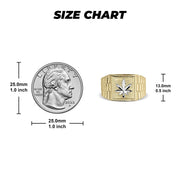 Size chart comparing a quarter coin with a gold cannabis leaf signet ring.