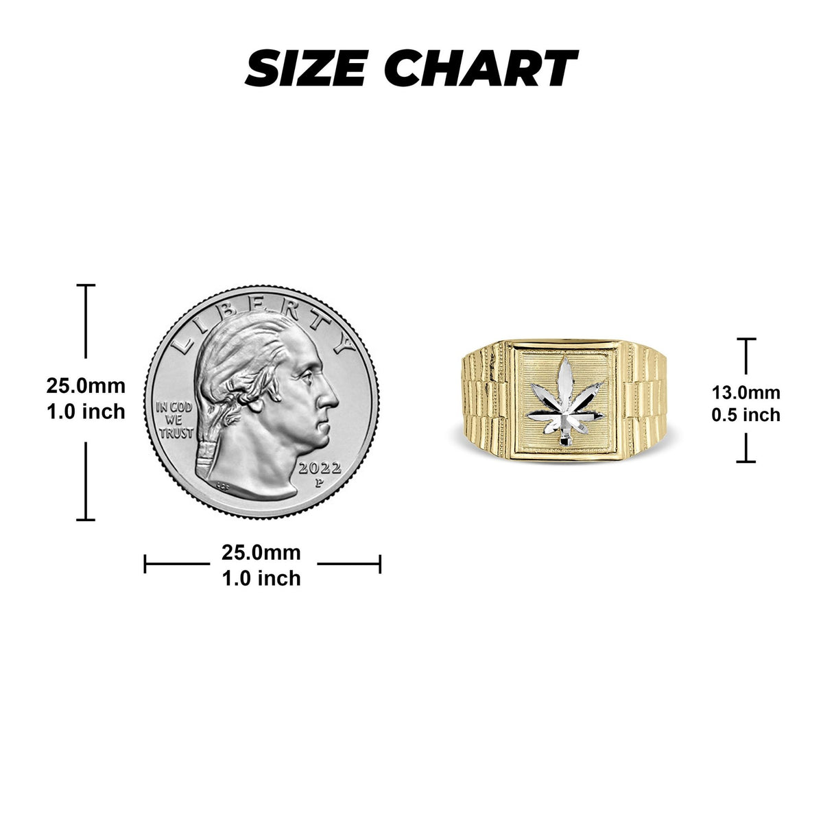 Size chart comparing a quarter coin with a gold cannabis leaf signet ring.