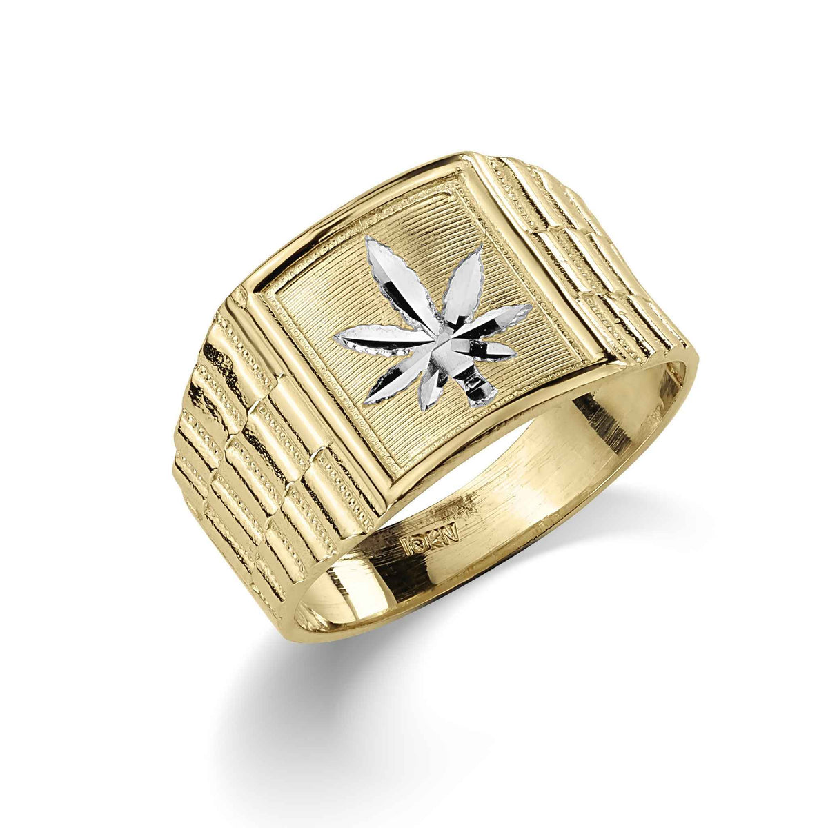 Gold Rolex-style band ring featuring a silver cannabis leaf emblem in the center.