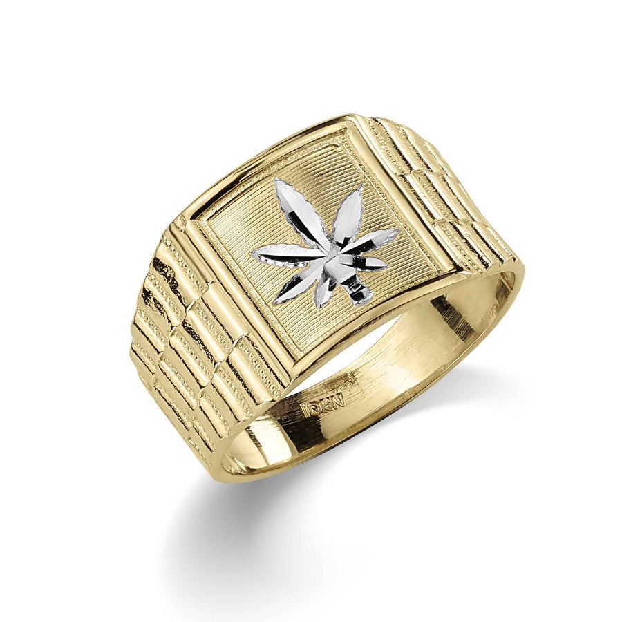 Gold Rolex-style band ring featuring a silver cannabis leaf emblem in the center.
