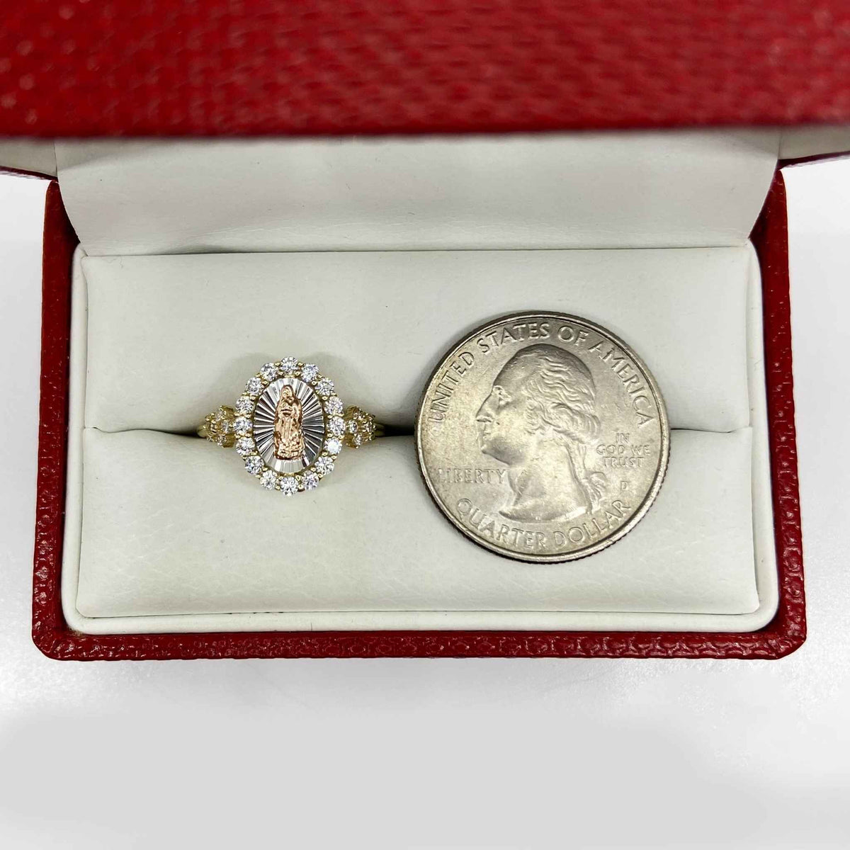 10k & 14k gold Virgin Mary ring side view showing slim dainty band