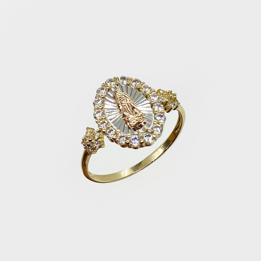 10k gold Virgin Mary oval CZ ring front view on white background