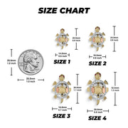 Size chart for tricolor gold turtle rings comparing four different dimensions against a US quarter.