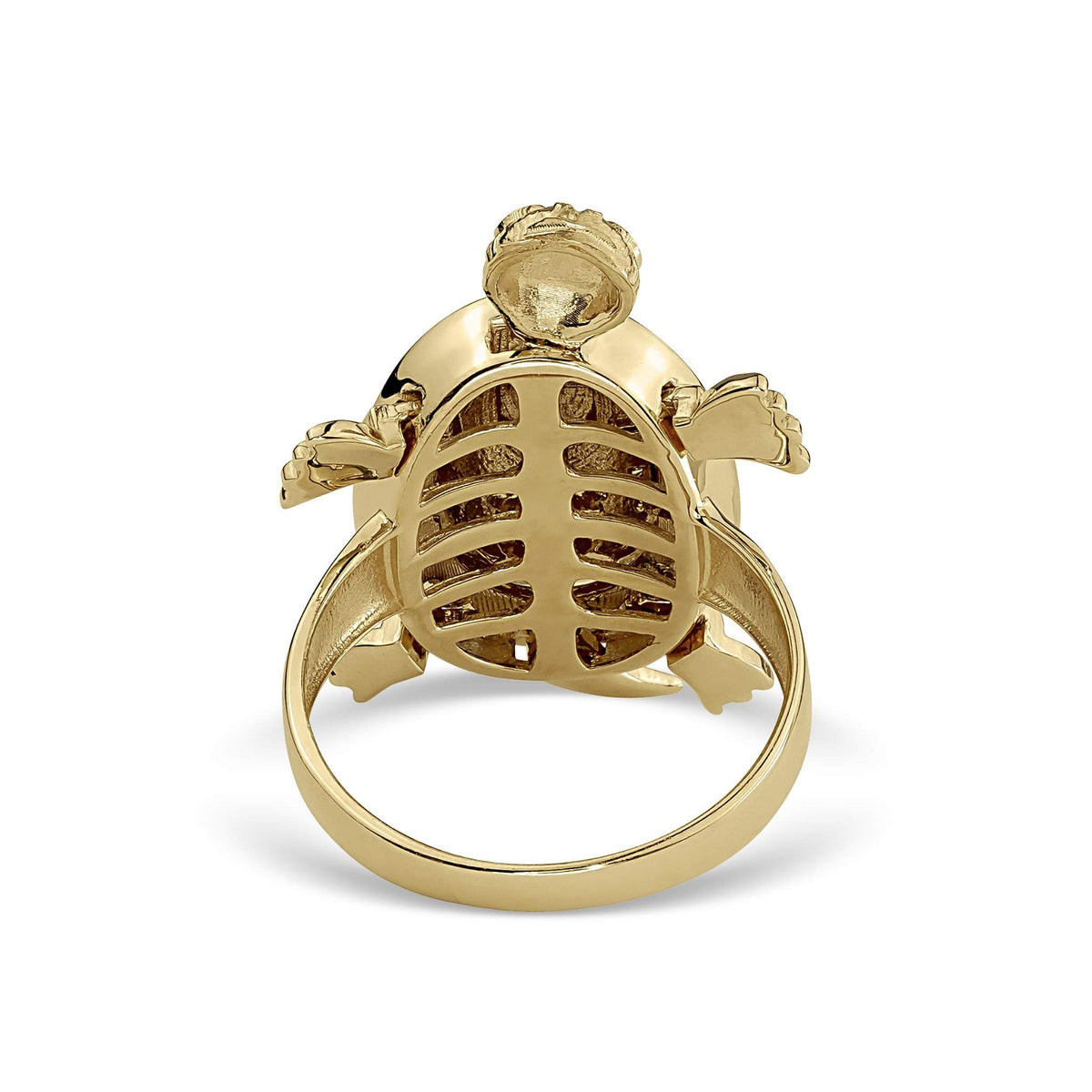 Bottom view of the tricolor gold turtle ring showing the inner band and smooth undercarriage.