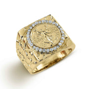 10k or 14k gold Centenario 50 Pesos square CZ ring on white background.