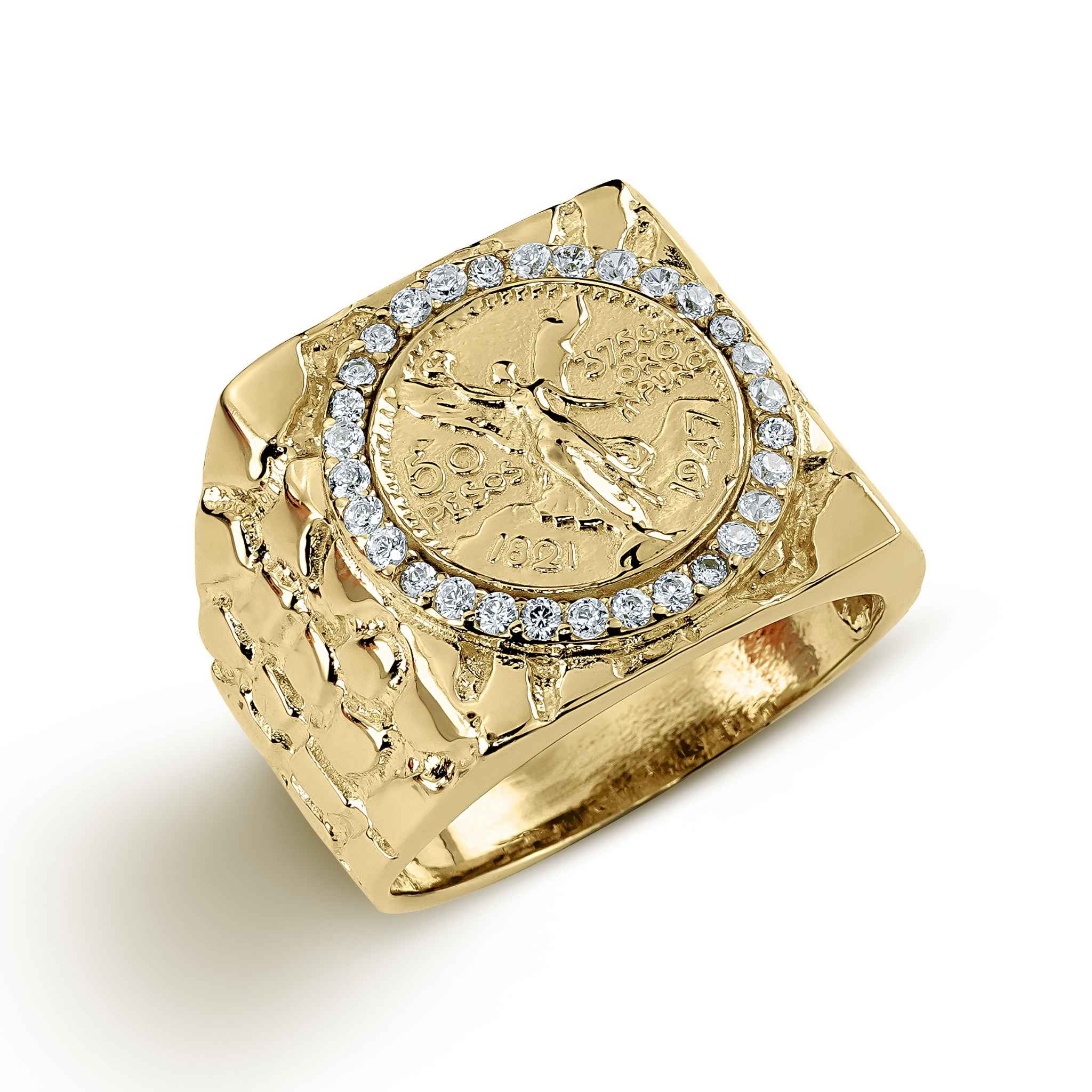 10k or 14k gold Centenario 50 Pesos square CZ ring on white background.