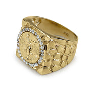Side view of a yellow gold Centenario 50 Pesos coin ring on white background.