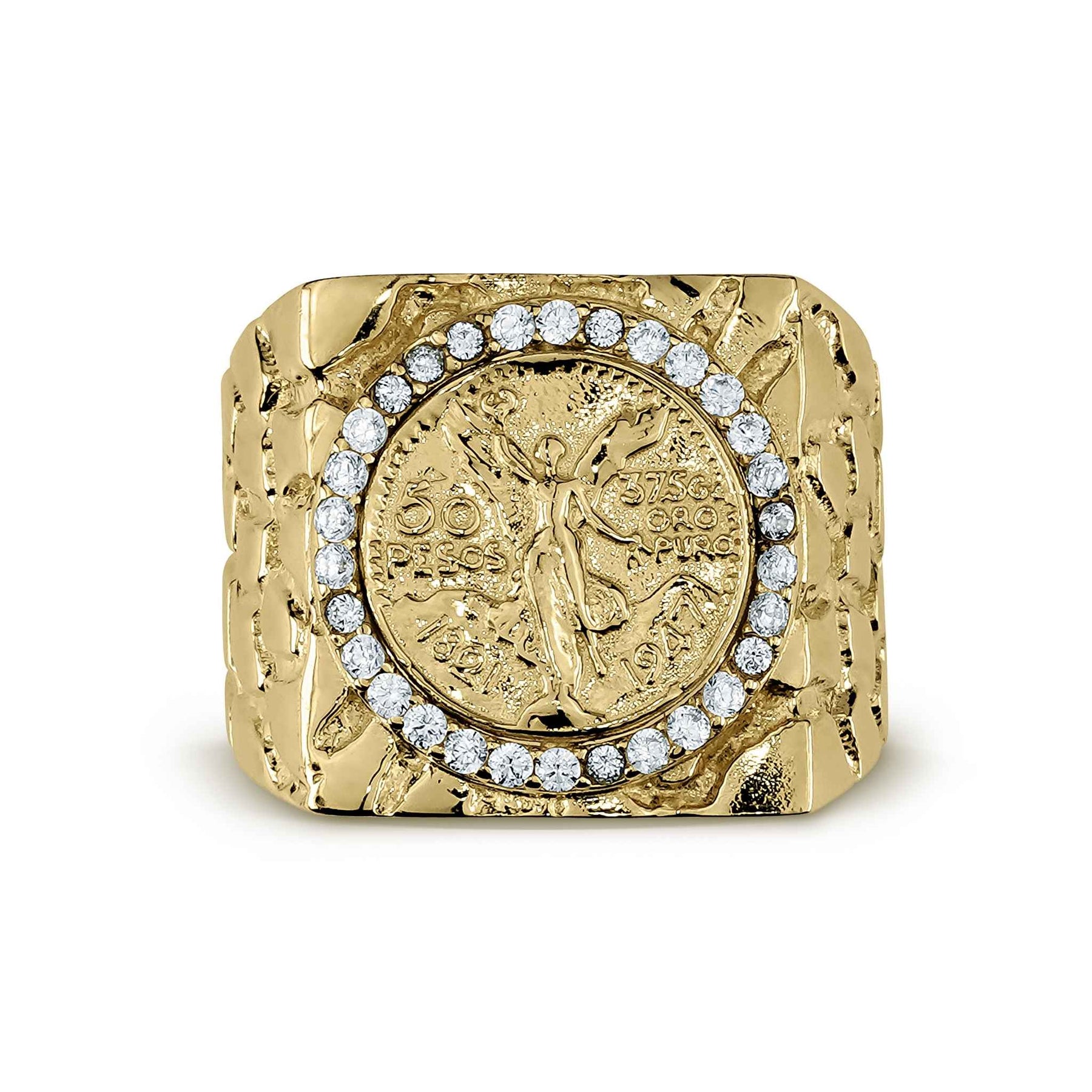 Top-down view of a 10k or 14k gold Centenario 50 Pesos square CZ ring.