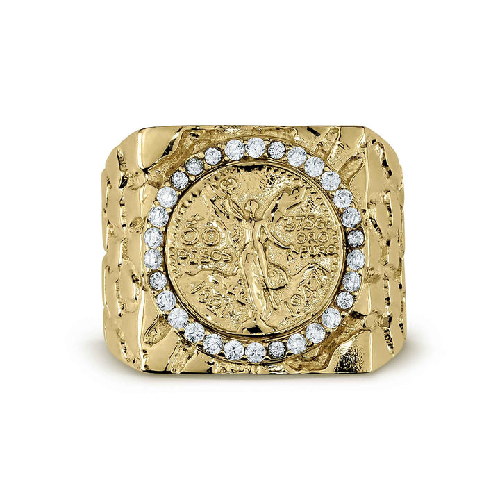 Top-down view of a 10k or 14k gold Centenario 50 Pesos square CZ ring.