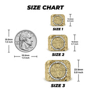 Gold Centenario 50 Pesos square ring size chart comparing three sizes to a quarter.