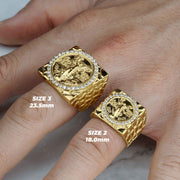 Size 2 and Size 3 gold Centenario square coin rings modeled on a hand.