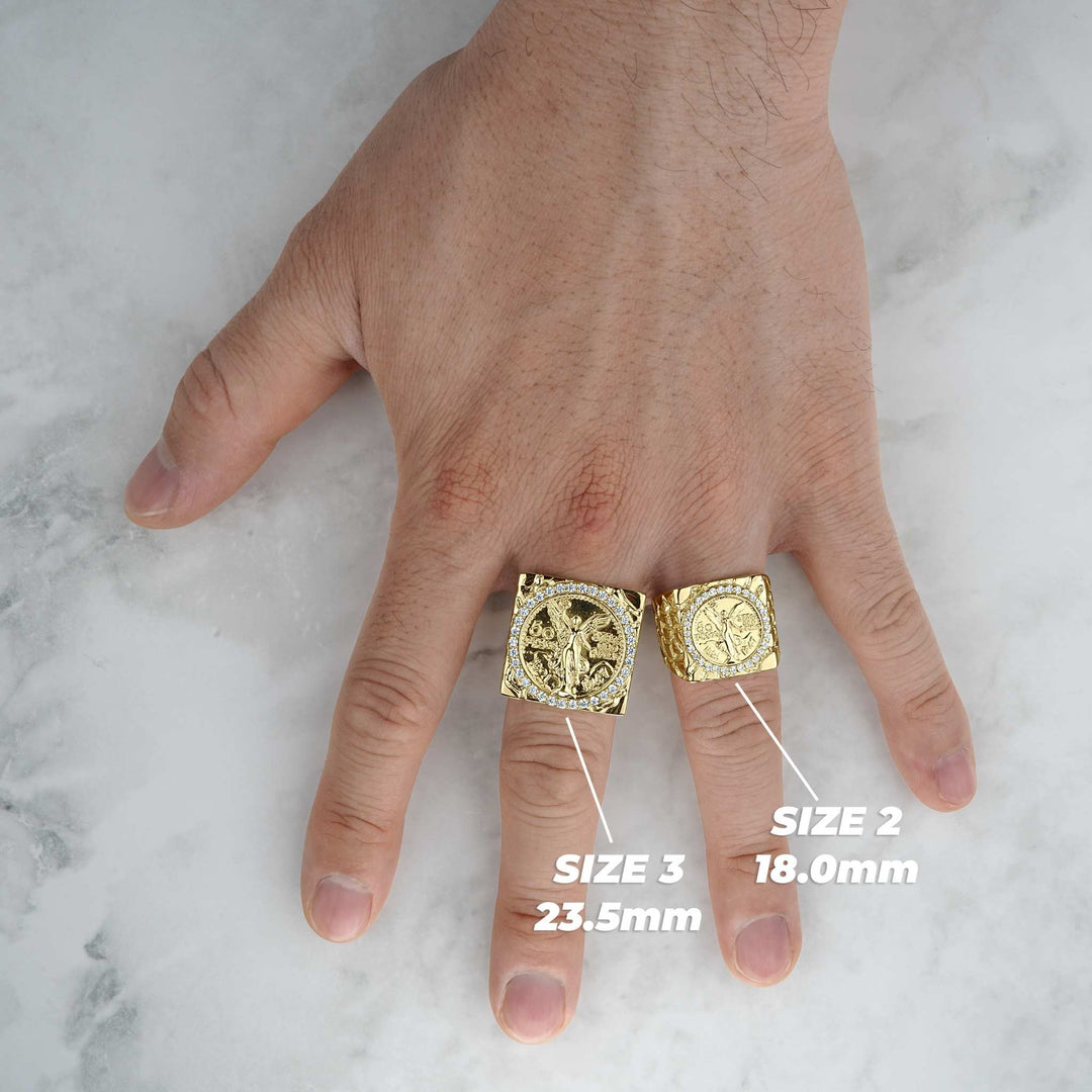 Two sizes of the gold Centenario square coin ring modeled on a hand.