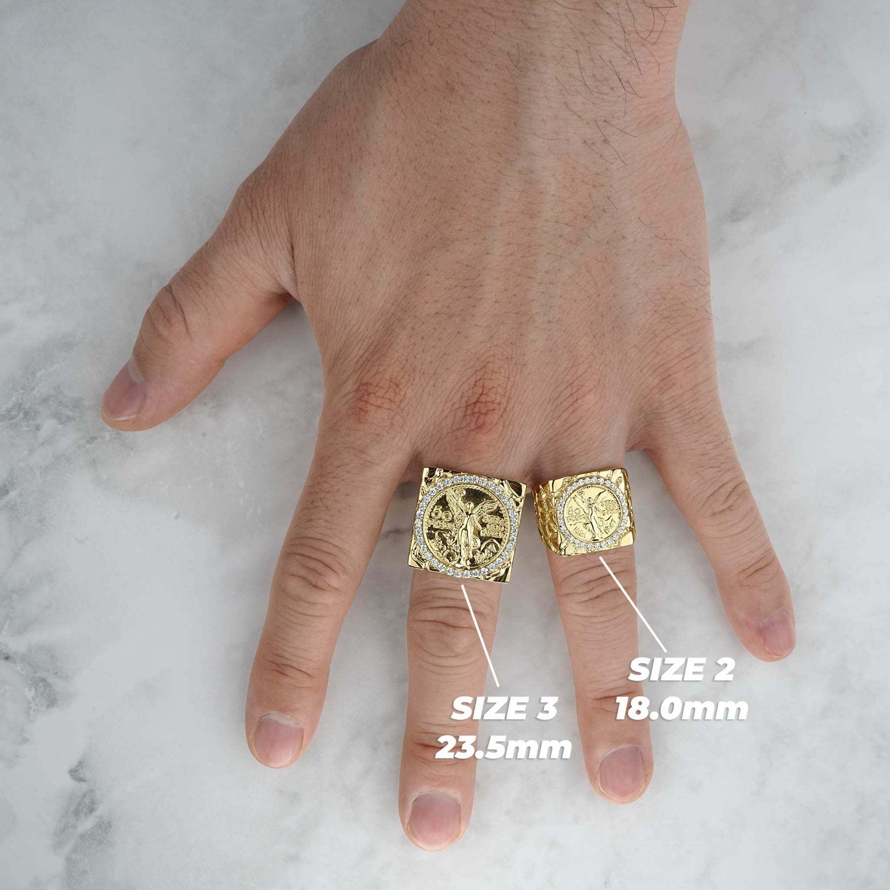 Two sizes of the gold Centenario square coin ring modeled on a hand.