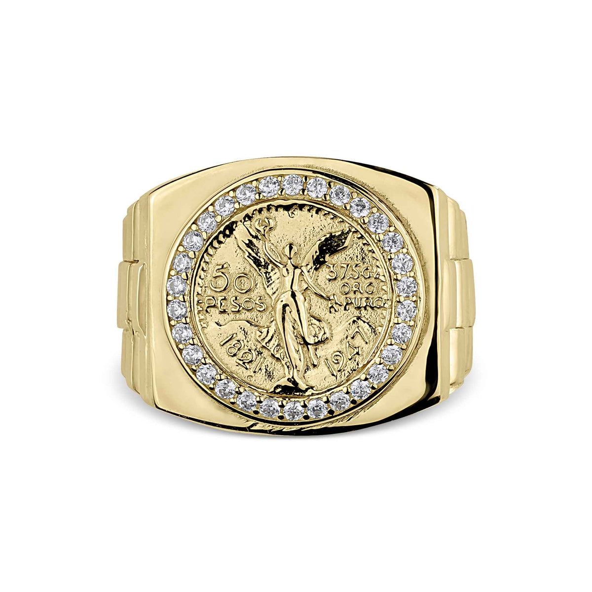 10k or 14k gold Rexo Centenario 50 pesos signet ring with cubic zirconia border