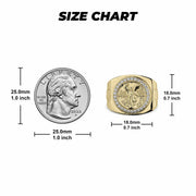 Gold Centenario 50 pesos signet ring size chart compared to a US quarter.