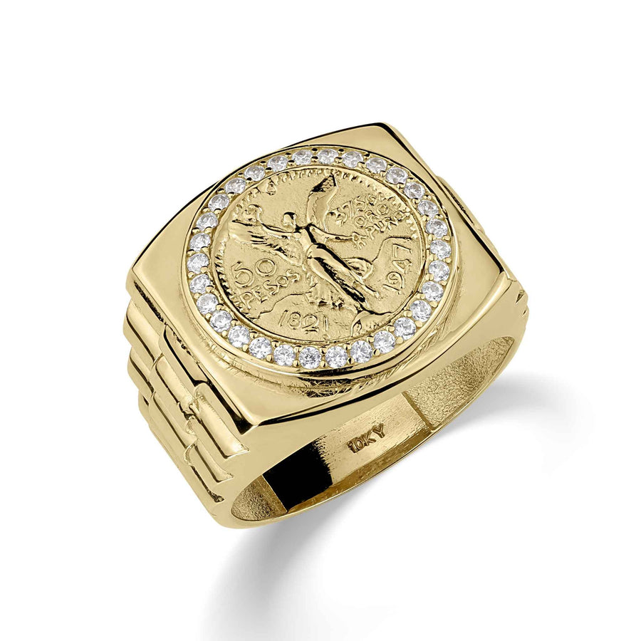 10k and 14k yellow gold Centenario 50 pesos signet ring with cubic zirconia accents.