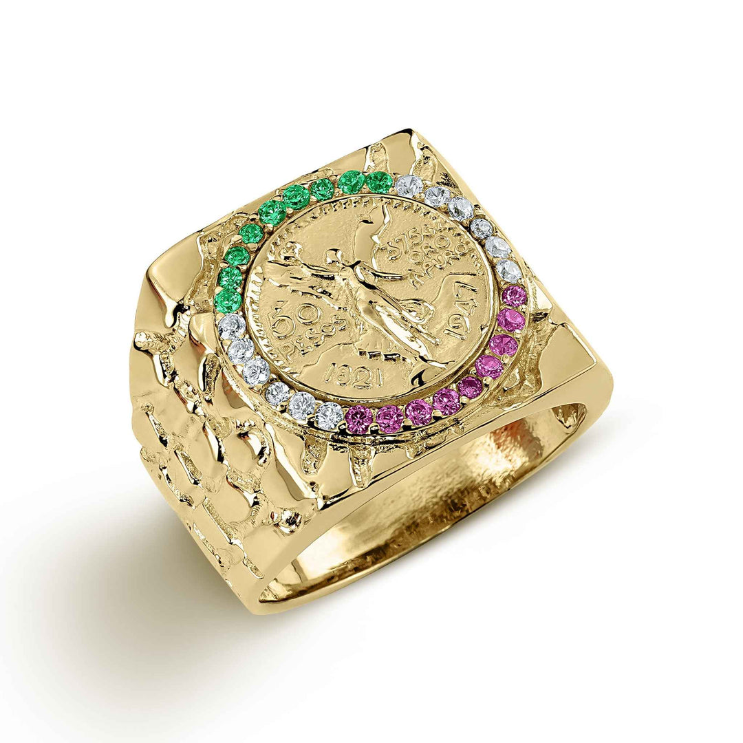 Angled view of a square gold Centenario coin ring with a multi-colored CZ halo.