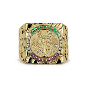 10k-14k gold square Centenario coin signet ring with a tri-color gemstone border.