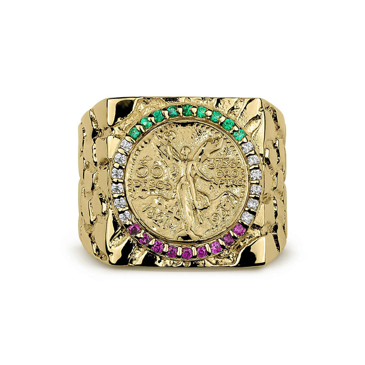 10k-14k gold square Centenario coin signet ring with a tri-color gemstone border.