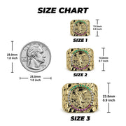Ring size chart comparing three square gold Centenario coin rings to a US quarter.