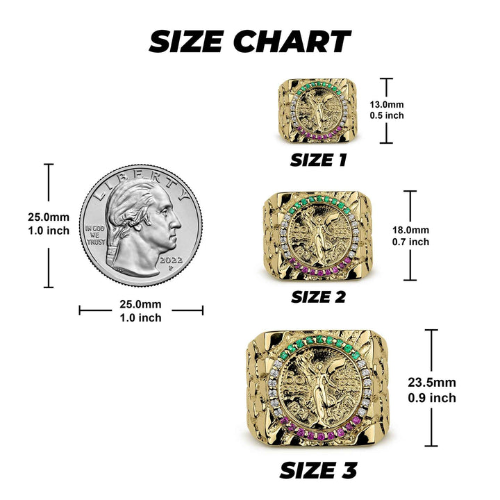 Ring size chart comparing three square gold Centenario coin rings to a US quarter.